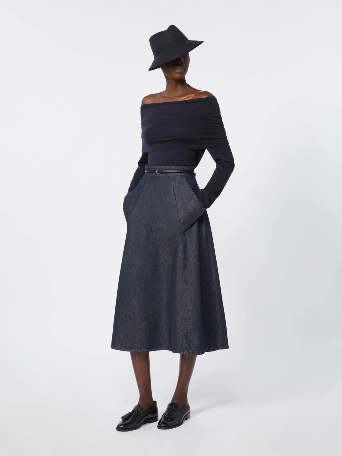Denim-look cotton midi skirt