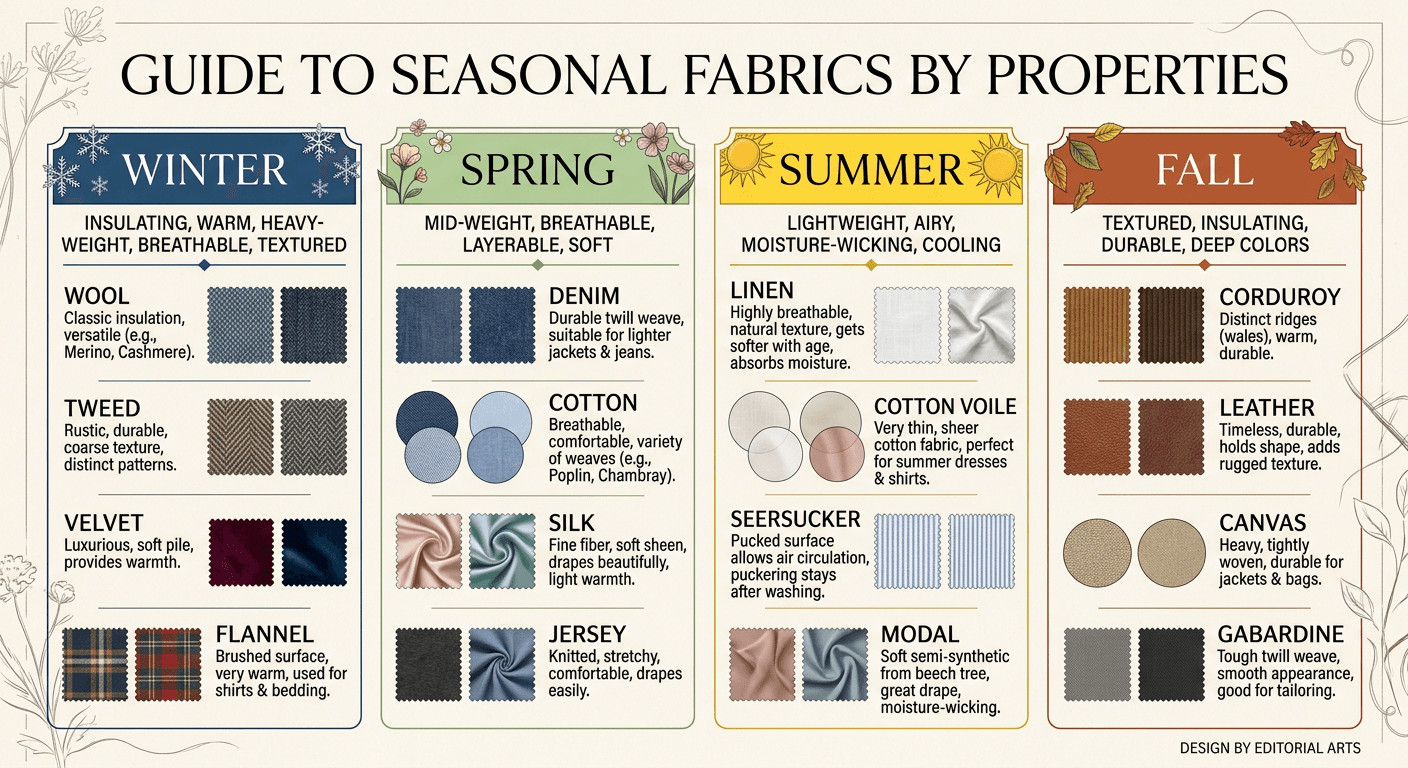 Seasonal fabric chart grouping fabrics by winter, spring, summer, and fall