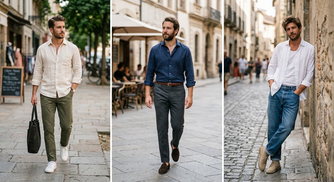 Three-look collage of men styling linen shirts with chinos, linen trousers, and relaxed denim