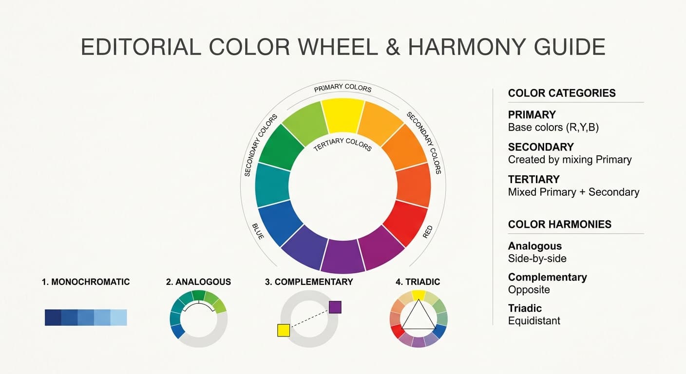 Editorial color wheel graphic showing primary, secondary, and tertiary colors with harmony labels