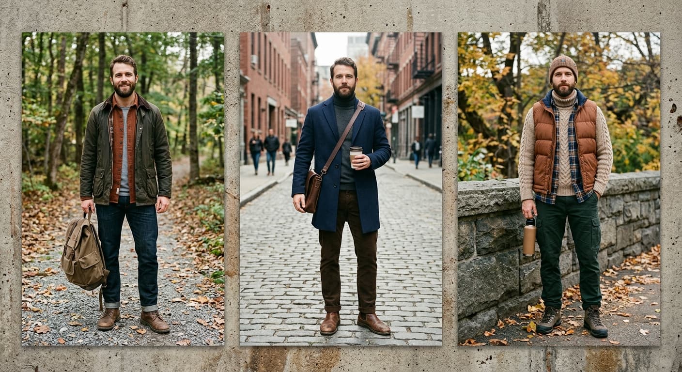 Three-look collage showing casual, city, and weekend fall outfits