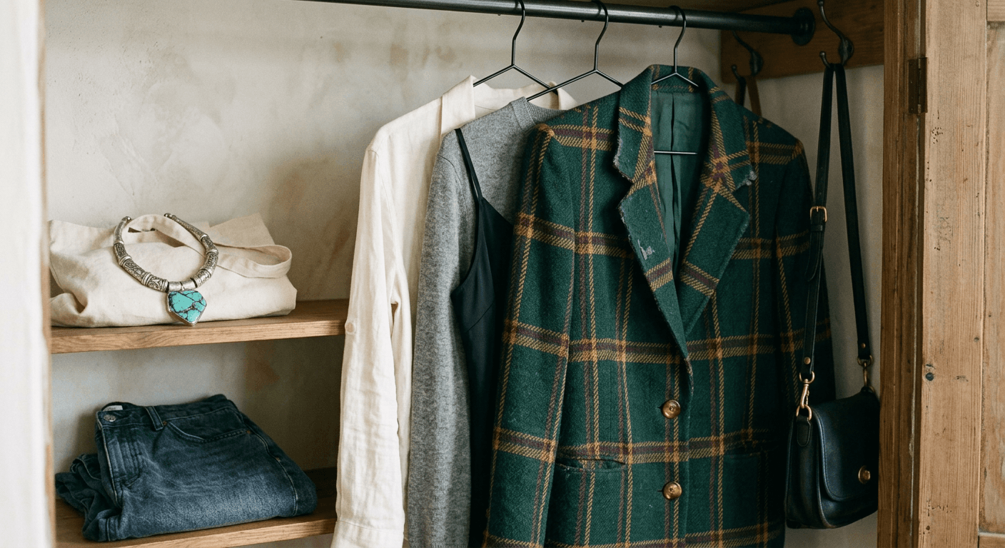 Capsule wardrobe base styled with one statement jacket and one expressive accessory