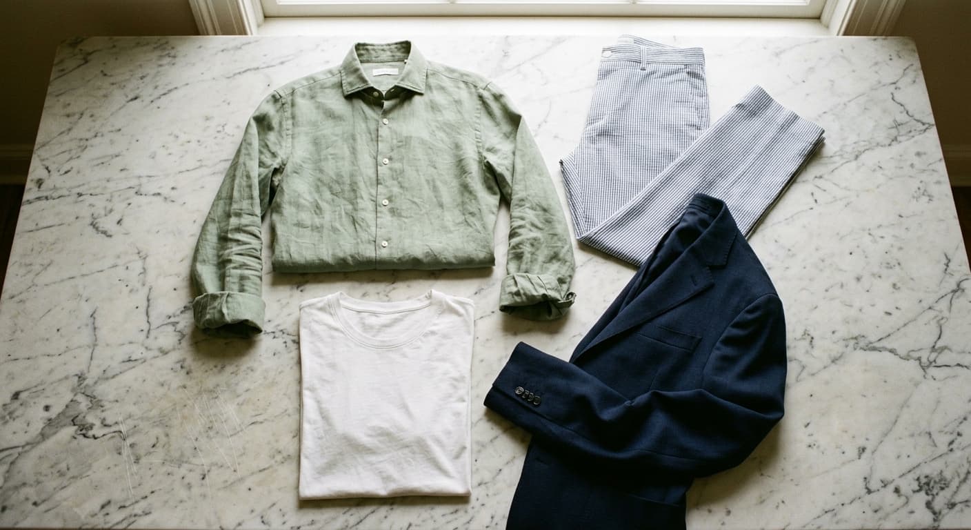 Flat lay of summer fabrics including linen, seersucker, lightweight cotton, and tropical wool
