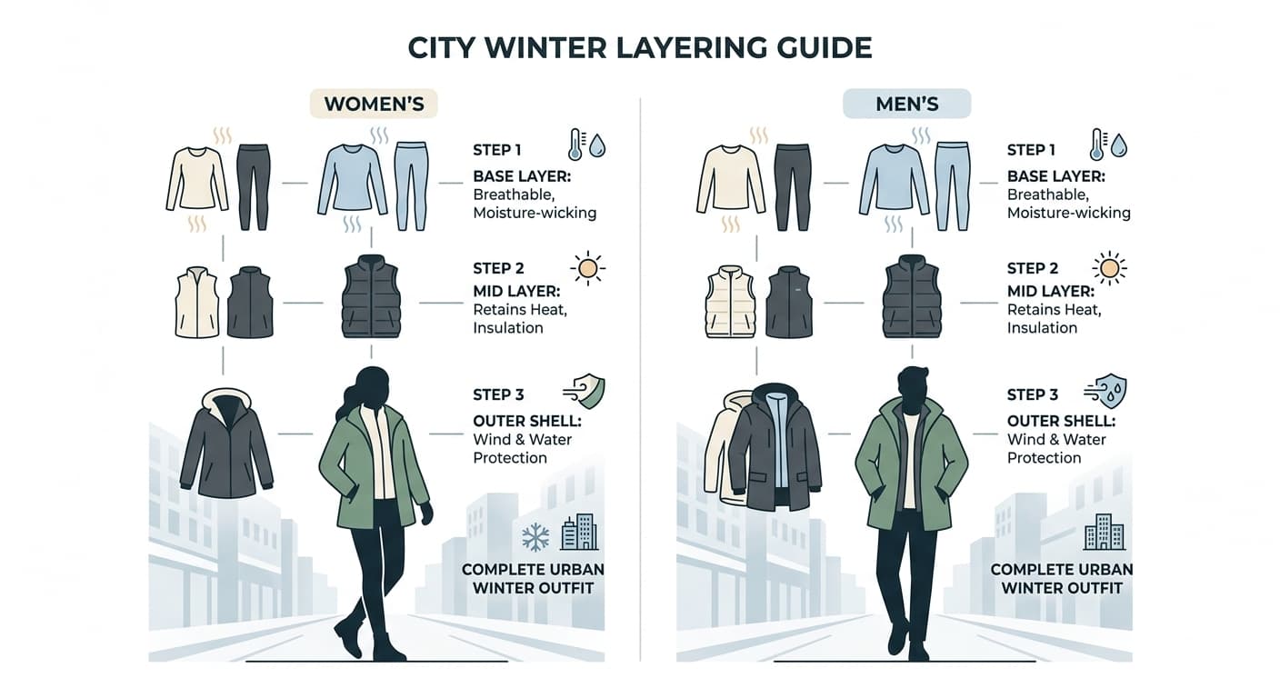 Graphic showing winter base layer, mid layer, and outer shell system