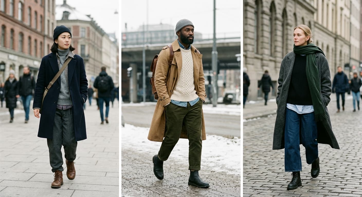 Street style example of smart winter layering with coat, knitwear, trousers, and boots