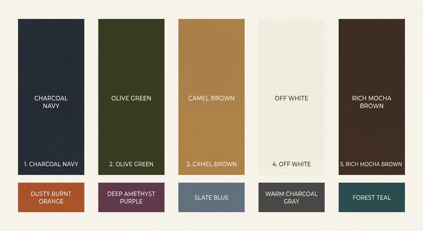 Tonal winter palette graphic with charcoal, navy, olive, camel, brown, and off white